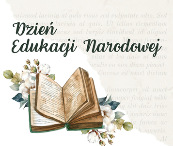 Kartka życzeniowa przedstawiająca otwartą książkę otoczoną kwiatami z napisem Dzień Edukacji Narodowej 