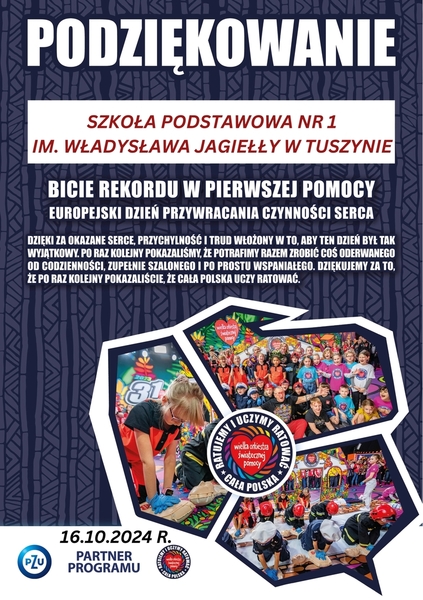 Podziękowania Z WOŚP dla szkoły. "Podziękowania to dyplom w formacie A4 w kolorze granatowym na którym są białe napisy i mapa Polskie w , którą są wpasowane zdjęcia.