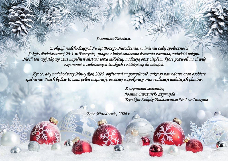 Zdjęcie z bombkami w śniegu na zdjęciu umieszczone są życzenia.