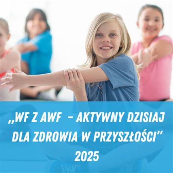 Plakat  promujący projekt na którym są uczniowie wykonujący ćwiczenia gimnastyczne.