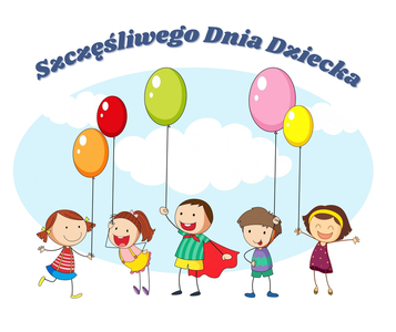 Grafika rysunkowa z dziećmi trzymającymi balony.
