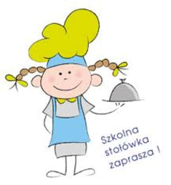 Grafika dziewczynki z napisem "Stołówka szkolna zaprasza!"
