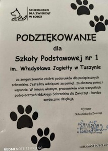 Podziękowania dla szkoły ze schroniska dla zwierząt za okazaną pomoc