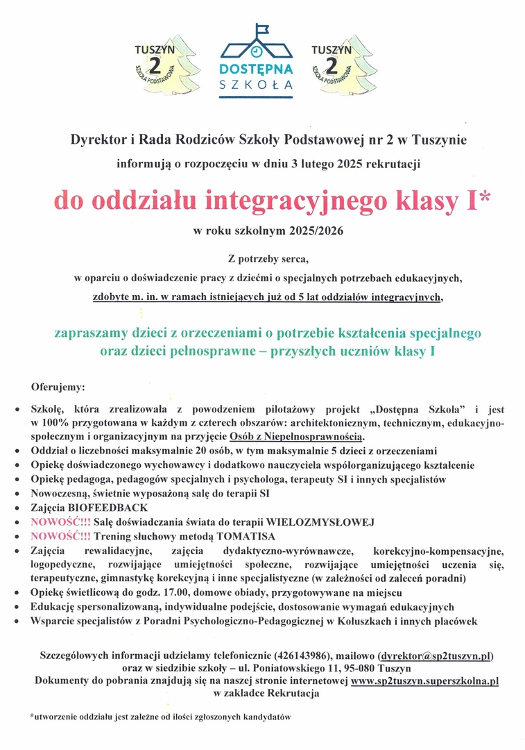 plakat informujący o naborze do oddziału integracyjnego, wszelkie informacje pod numerem telefonu 426143986