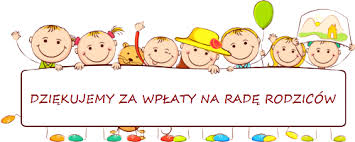 Grupa uśmiechniętych dzieci trzymająca baner z napisem Dziękujemy za wpłaty na Radę Rodziców