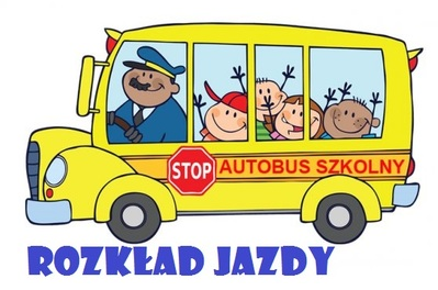 Żółty autobus szkolny. Wewnątrz kierowca i grupa dzieci. Pod rysunkiem napis Rozkład jazdy.