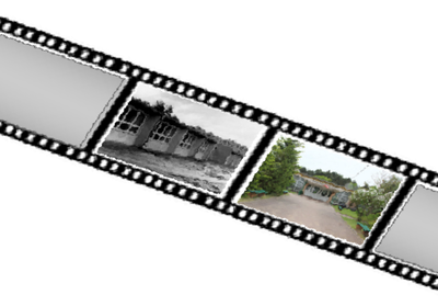 Klisza fotograficzna. Dwie z klatek przedstawiają budynek szkoły.