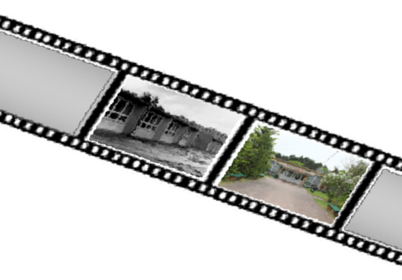 Klisza fotograficzna. Dwie z klatek przedstawiają budynek szkoły.