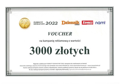 Voucher będący nagrodą w Plebiscycie Edukacyjnym 2022 na kampanię reklamową o wartości 3 tysięcy złotych.