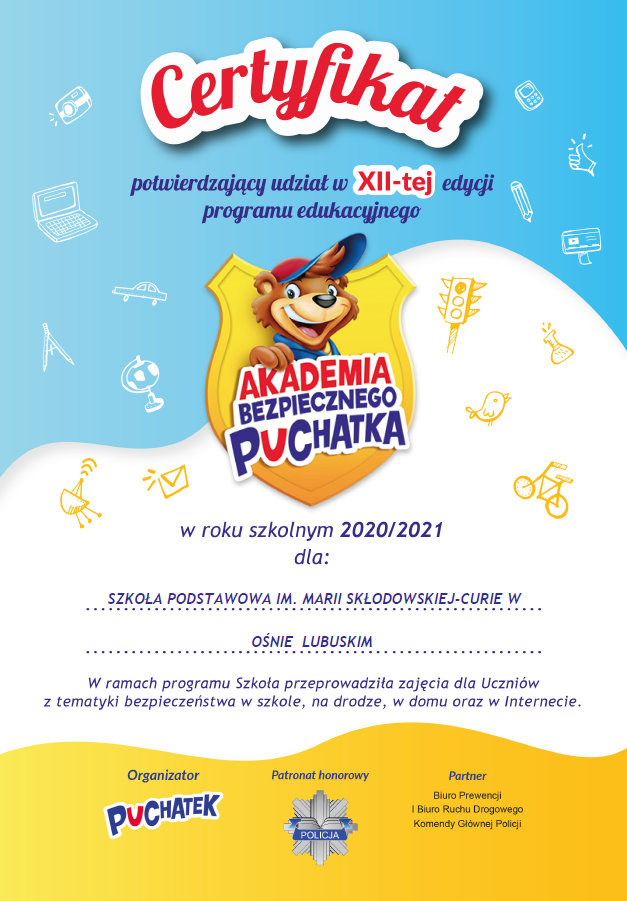 Certyfikat Akademii Puchatka