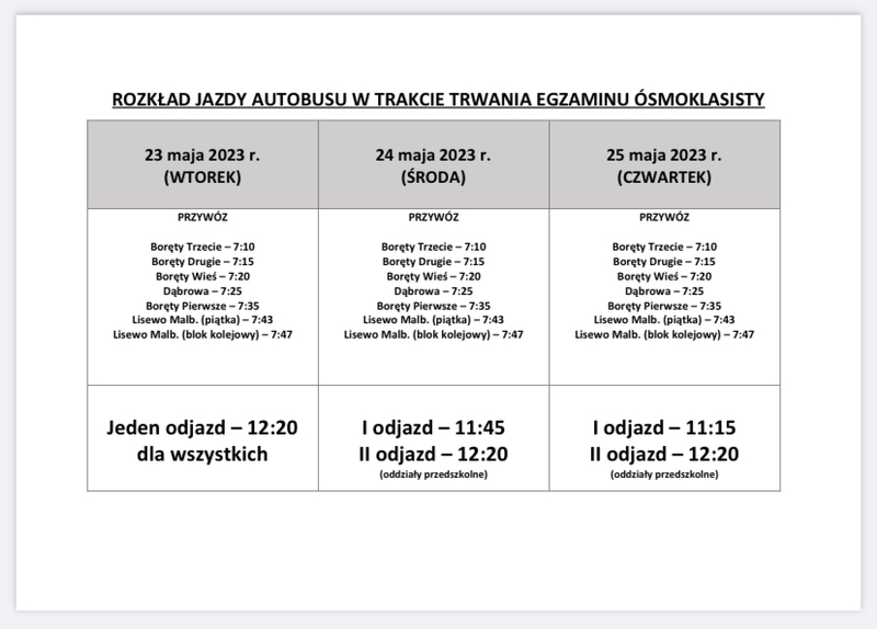 Rozkład jazdy autobusu podczas egzaminu ósmoklasisty 