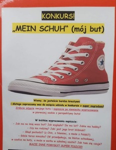 Zdjęcie buta wraz zaproszeniem do konkursu z j. niemieckiego 