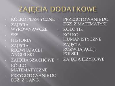plakat z przedstawionymi zajęciami dodatkowymi w Szkole Podstawowej w Siedliskach