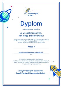 Dyplom uczestnictwa w projekcie "Ja w społeczeństwie. Jak mogę zmienić świat?" dla klasy 8