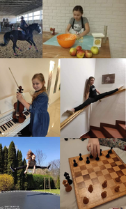 Uczennica klasy szóstej prezentuje swoje sposoby na aktywny odpoczynek: jazda konna, gimnastyka artystyczna, gra na skrzypcach, skoki na trampolinie, gra w szachy, pieczenie ciast.