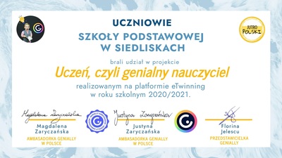 Dyplom dla uczniów klasy ósmej za udział w projekcie eTwinning "Uczeń, czyli genialny nauczyciel"