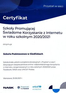 Certyfikat Szkoły Promującej Świadome Korzystanie z Internetu w roku szkolnym 2020/2021