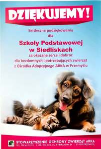 Podziękowania dla SP Siedliska za zbiórkę karmy dla zwierząt z Ośrodka Adopcyjnego ARKA w Przemyślu