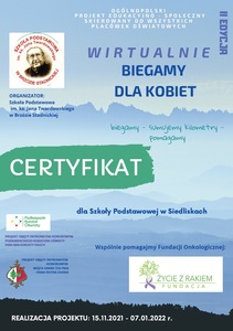 Certyfikat udziału w ogólnopolskim projekcie edukacyjno-społecznym "Wirtualnie biegamy dla kobiet"