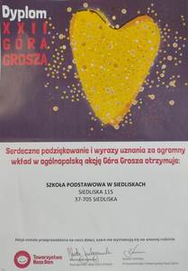 Dyplom dla SP Siedliska za udział w XXII edycji akcji Góra Grosza