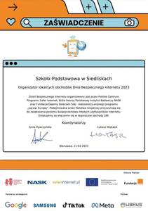 Zaświadczenie potwierdzające udział SP Siedliska w Dniu Bezpiecznego Internetu