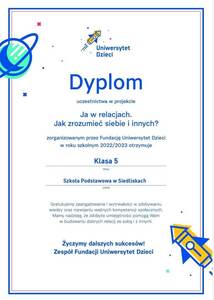 Dyplom uczestnictwa w projekcie "Ja w relacjach. Jak zrozumieć siebie i innych?"