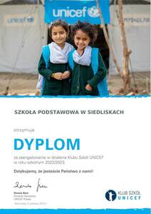 Dyplom za zaangażowanie w działalność Klubu Szkół UNICEF w roku szkolnym 2022/2023