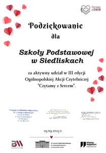 Podziękowanie dla SP Siedliska za udział w III edycji Ogólnopolskiej Akcji Czytelniczej "Czytamy z Sercem"