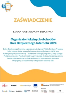 Zaświadczenie potwierdzające udział SP Siedliska w Dniu Bezpiecznego Internetu