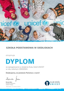 Dyplom dla SP Siedliska za zaangażowanie w działania Klubu Szkół UNICEF