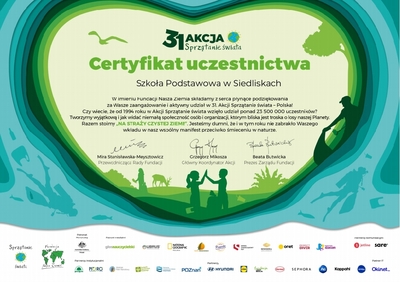 Certyfikat uczestnictwa SP Siedliska w akcji "Sprzątanie świata"