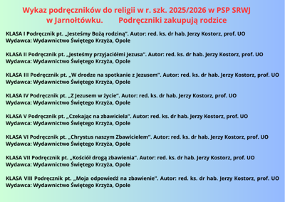 Lista podręczników do religii w roku szkolnym 2025/2026. Podręczniki zakupują rodzice.