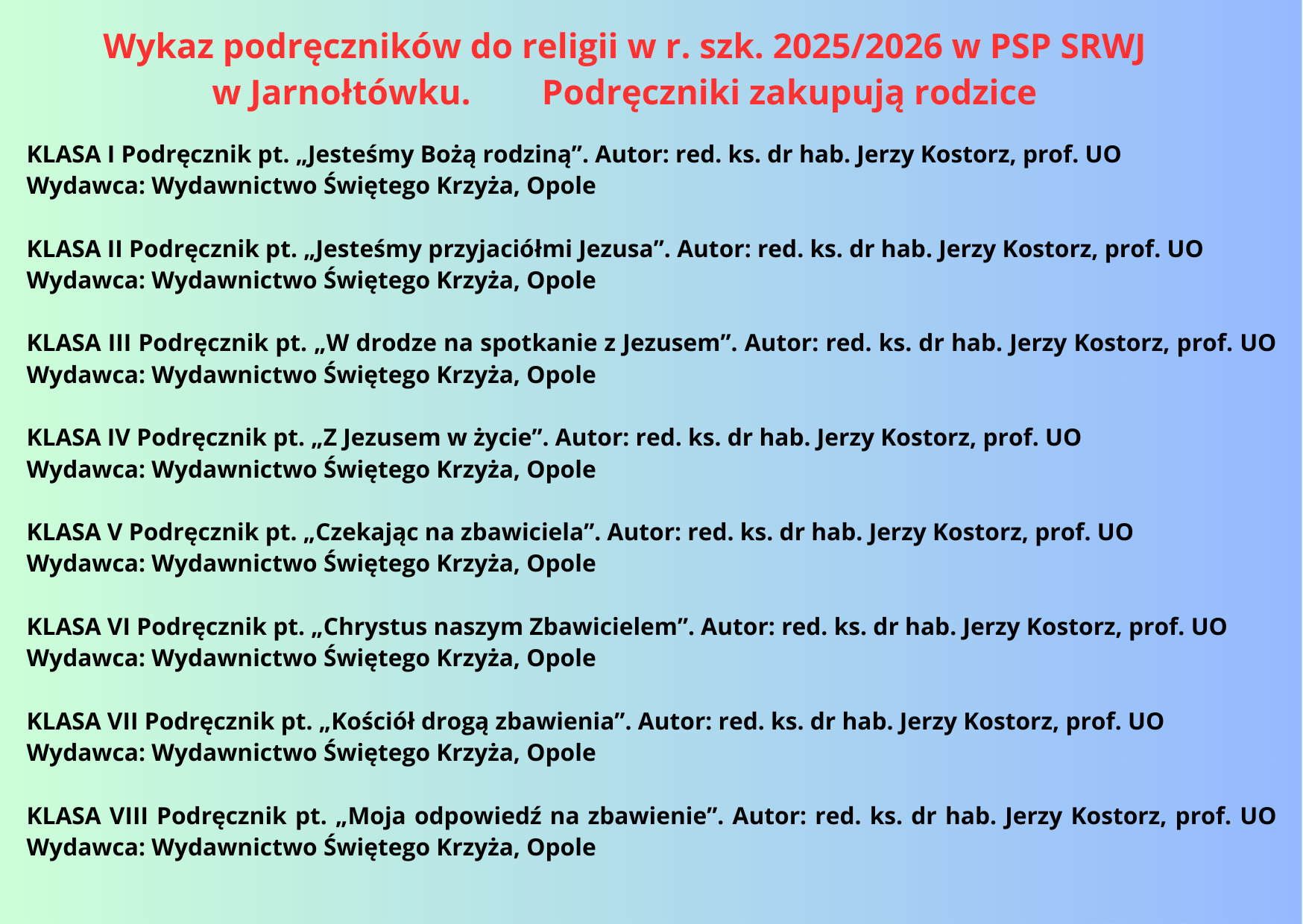 Lista podręczników do religii w roku szkolnym 2025/2026. Podręczniki zakupują rodzice.