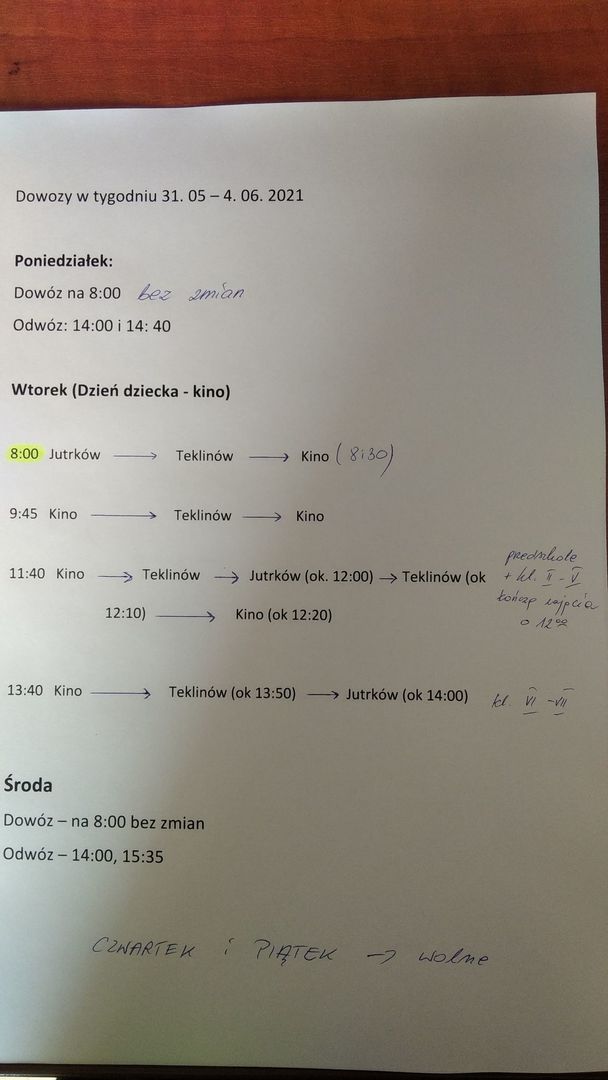 dowozy w tygodniu 31 maja - 4 czerwca