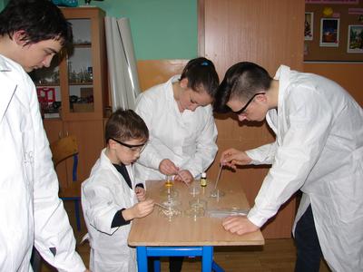 Uczniowie sprawdzają obecność skrobi w produktach spożywczych przy pomocy roztworu jodyny.