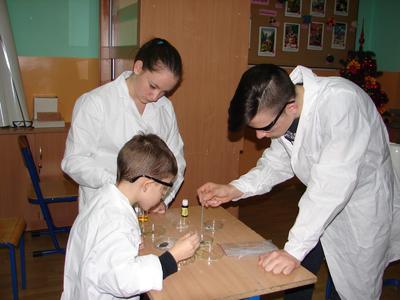 Uczniowie sprawdzają obecność skrobi w produktach spożywczych przy pomocy roztworu jodyny.