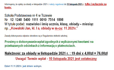 opłata za obiady w listopadzie
