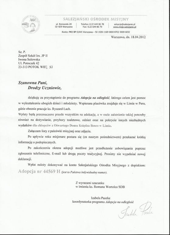 Podziękowanie za przystąpienie do programu ,, Adopcja na odległość"
