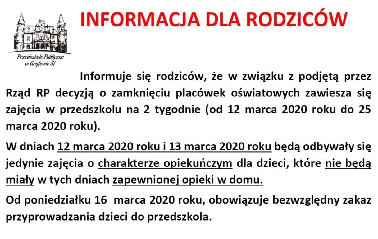 Informacja dla rodziców.