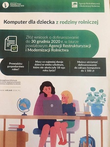 Informacja na temat dofinansowania zakupu komputera dla dziecka z rodziny rolniczej.