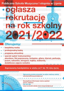 Plakat - informacja o rekrutacji do Publicznej Szkoły Muzycznej I stopnia w Lipnie.