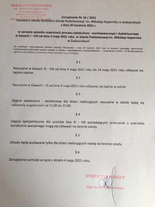 Zarządzenie Nr 10/2021 Dyrektora Szkoły.