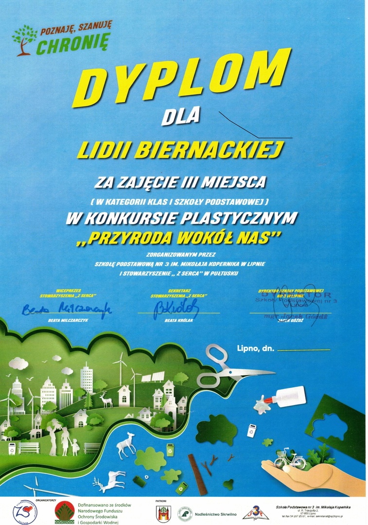 Dyplom dla Lidii Biernackiej za zajęcie III miejsca w Konkursie Plastycznym "Przyroda wokół nas"