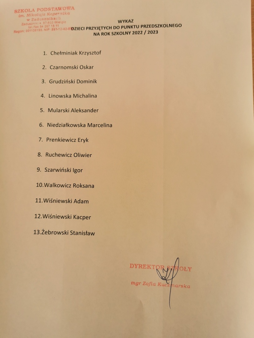 lista uczniów przyjętych do punktu przedszkolnego( Chełminiak Krzysztof, Czarnomski Oskar, Grudziński Dominik, Linowska Michalina, Mularski Aleksander, Niedziałkowska Marcelina, Prenkiewicz Eryk, Ruchewicz Oliwier, Szarwiński Igor, Walkowicz Roksana, Wiśniewski Adam, Wiśniewski Kacper, Żebrowski Stanisław