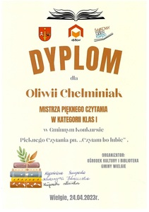 Mistrz Pięknego Czytania w kategorii klas I - Oliwia Chełminiak