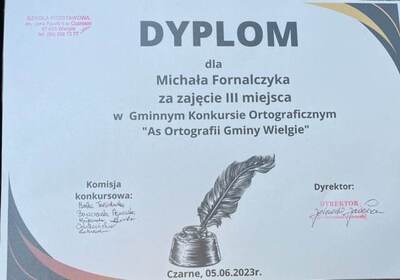 Dyplom za zajęcie III miejsca - Michał Fornalczyk.