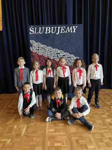 Uczniowie klasy I - Franciszek Politowski, Ewa Szablewska, Sophie Szląskiewicz, Zofia Politowska, Nadia Falkowska, Ksawery Teodorowicz, Stanisław Ryczkowski, Oskar Naklicki, Mikołaj Markowski i Marcel Rychłowski