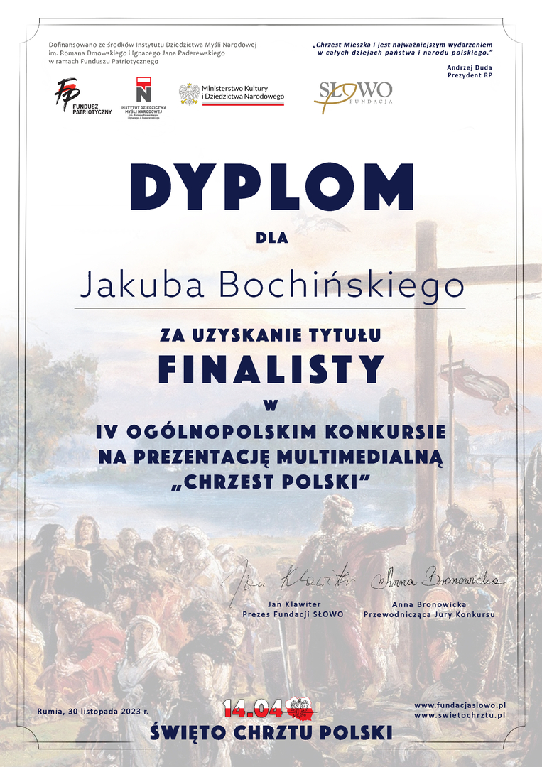 Dyplom finalisty dla Jakuba Bochińskiego.