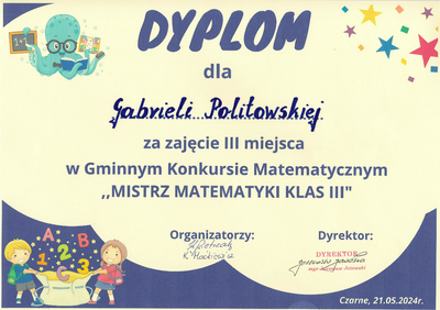 dyplom dla Gabrieli Politowskiej za zajęcie III miejsca