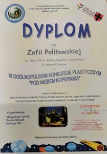 Dyplom za zajęcie 2 miejsca Zofia Politowska 